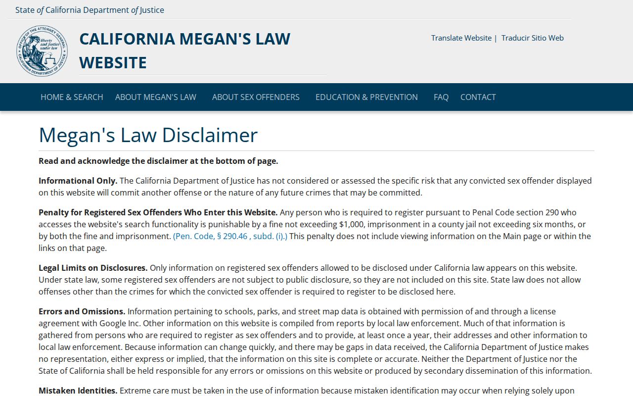 Lynwood resident lookup California Megan's Law search disclaimer